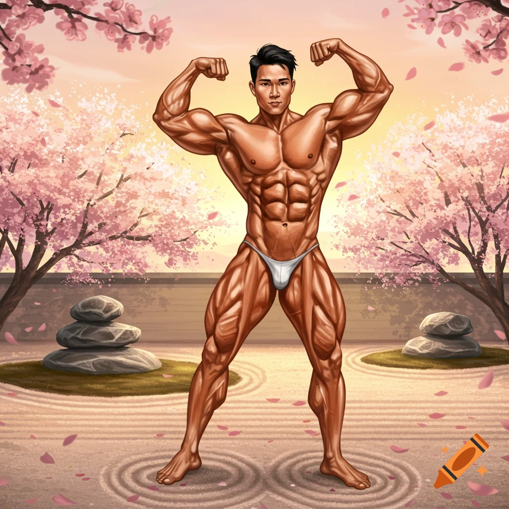 A digitally illustrated muscular Asian man in a white brief poses in a serene cherry blossom garden.