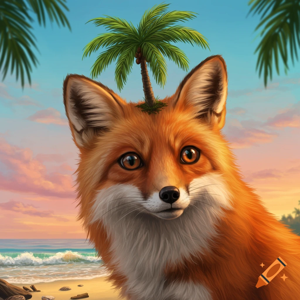 A close-up of a red fox with a small palm tree growing out of its head, standing on a sandy beach with ocean waves behind it at sunset.