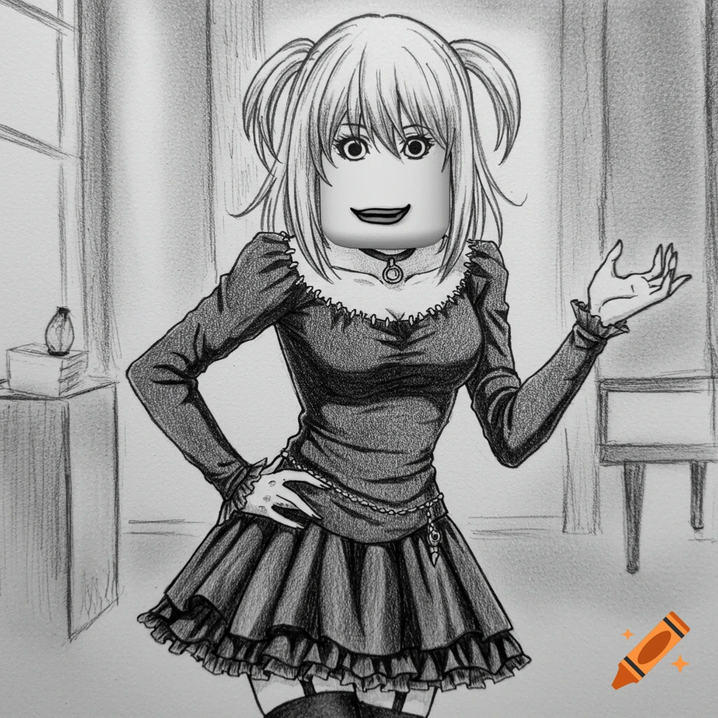 Pencil drawing of an anime character with blonde pigtails and a black dress, featuring a Roblox man face.