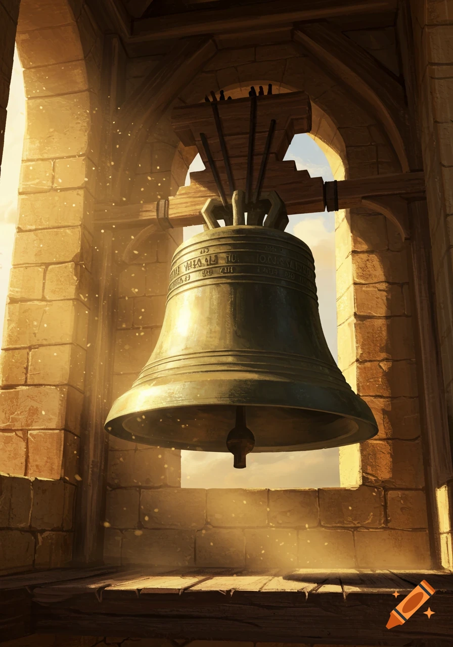 A large brass bell hangs in a sunlit stone bell tower, with light rays filtering through the air. Illustrated style.