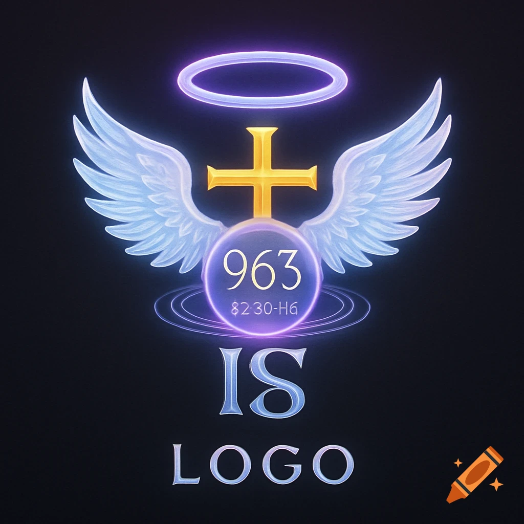 A spiritual logo featuring glowing light blue angelic wings, a golden cross, and a purple glowing orb containing the numbers '963' and '8230-H6'. A radiant violet halo is above, and the words 'IS LOGO' are below.