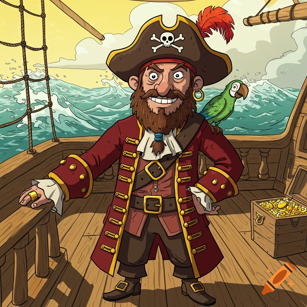 A cartoon pirate with a beard and eye patch stands on a ship deck with a parrot on his shoulder, stormy sea in the background.