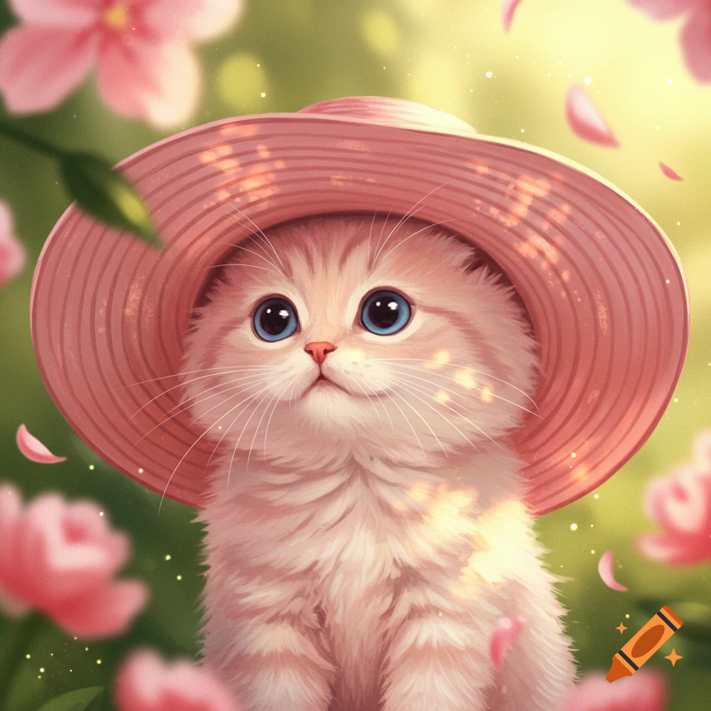 A fluffy kitten with blue eyes wearing a pink sun hat amidst pink flowers and sunlit greenery.