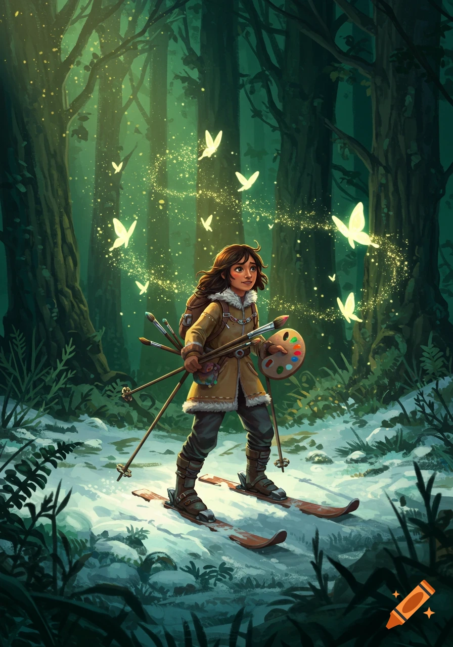 A young artist stands in a snowy, glowing forest, holding paintbrushes and a palette, surrounded by magical butterflies. Digital art.