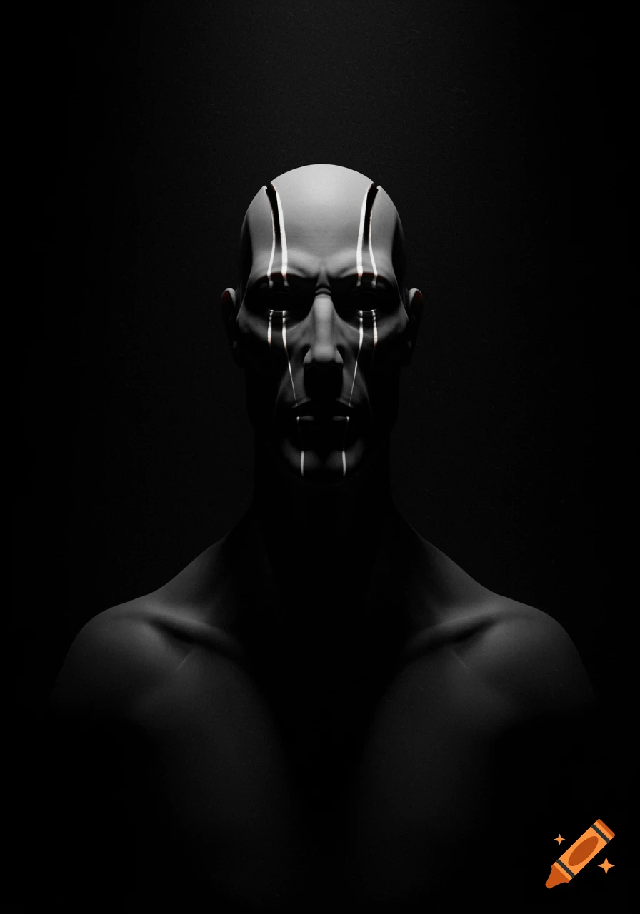 A stark, sculptural image of a bald figure with white tear-like markings, emerging from a dark background.