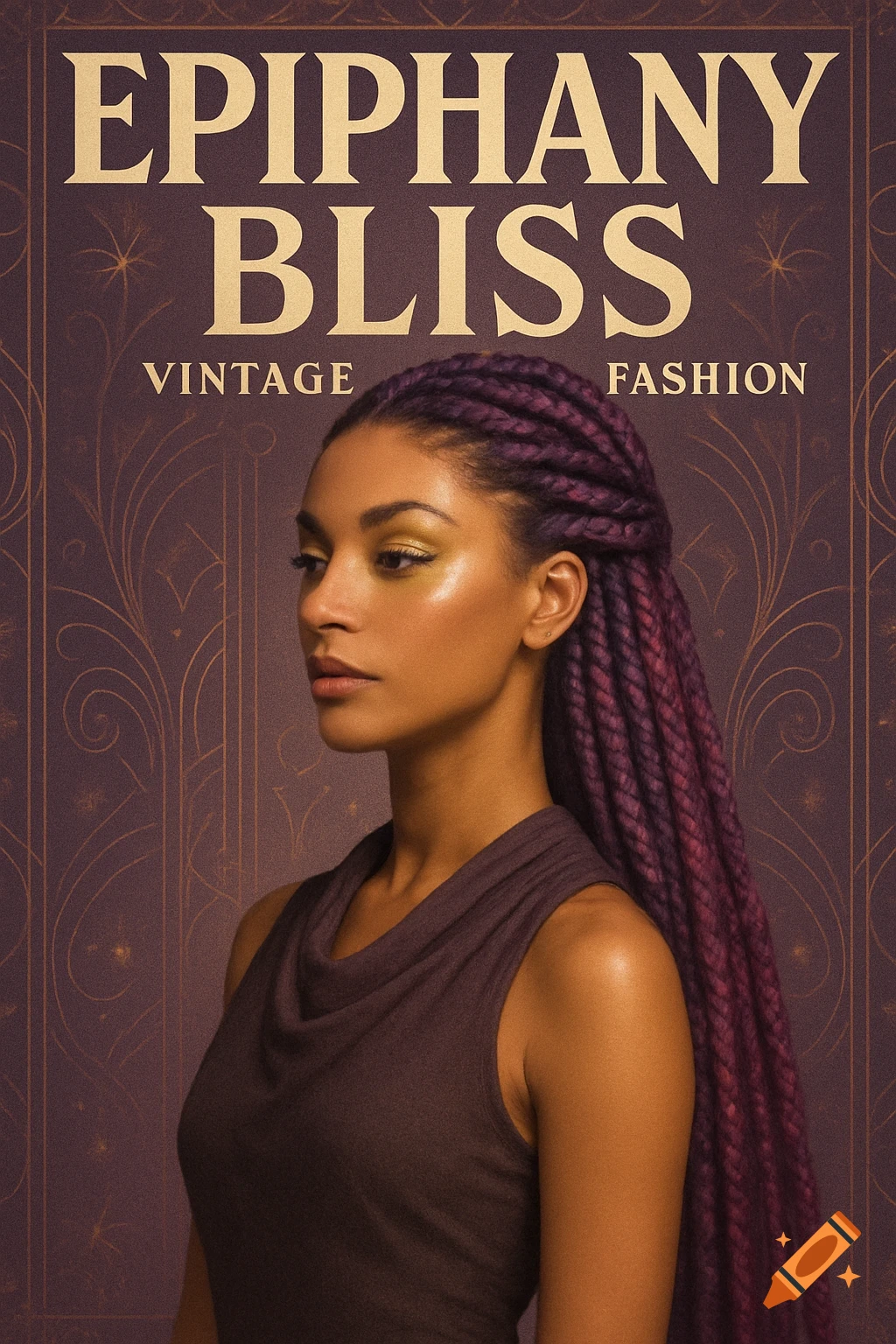A young woman with purple and pink braided hair and gold eyeshadow on a vintage-style magazine cover titled 'Epiphany Bliss Vintage Fashion'.