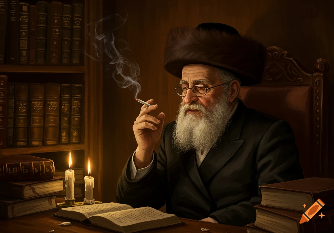 An old Orthodox Jewish rabbi with a long white beard smokes a cigarette while reading a book by candlelight in a study.