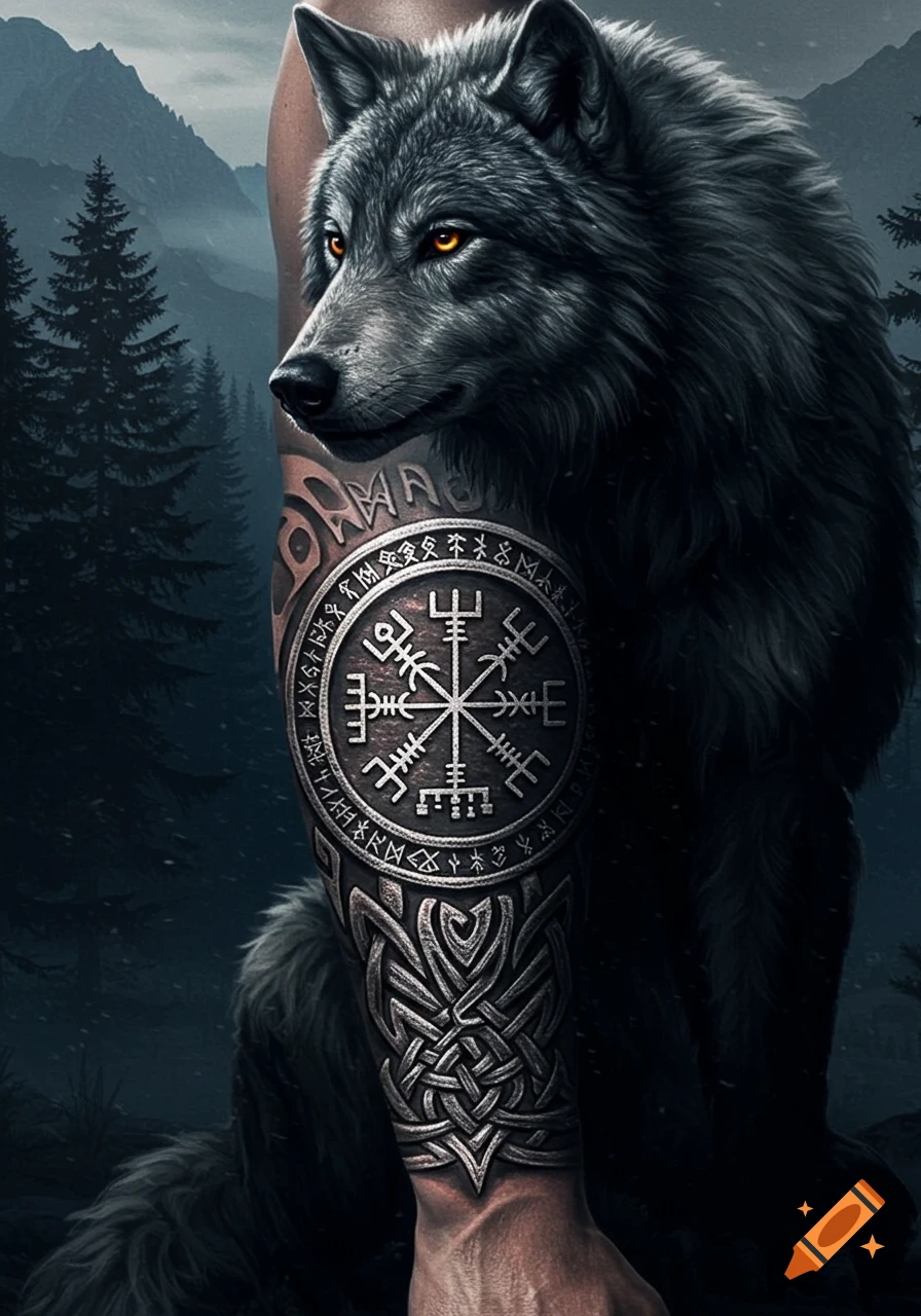 A close-up digital art image of a grey wolf with glowing orange eyes, partially obscured by a human arm with a detailed Norse compass and Celtic knot tattoo. Dark forest and mountains in the background.