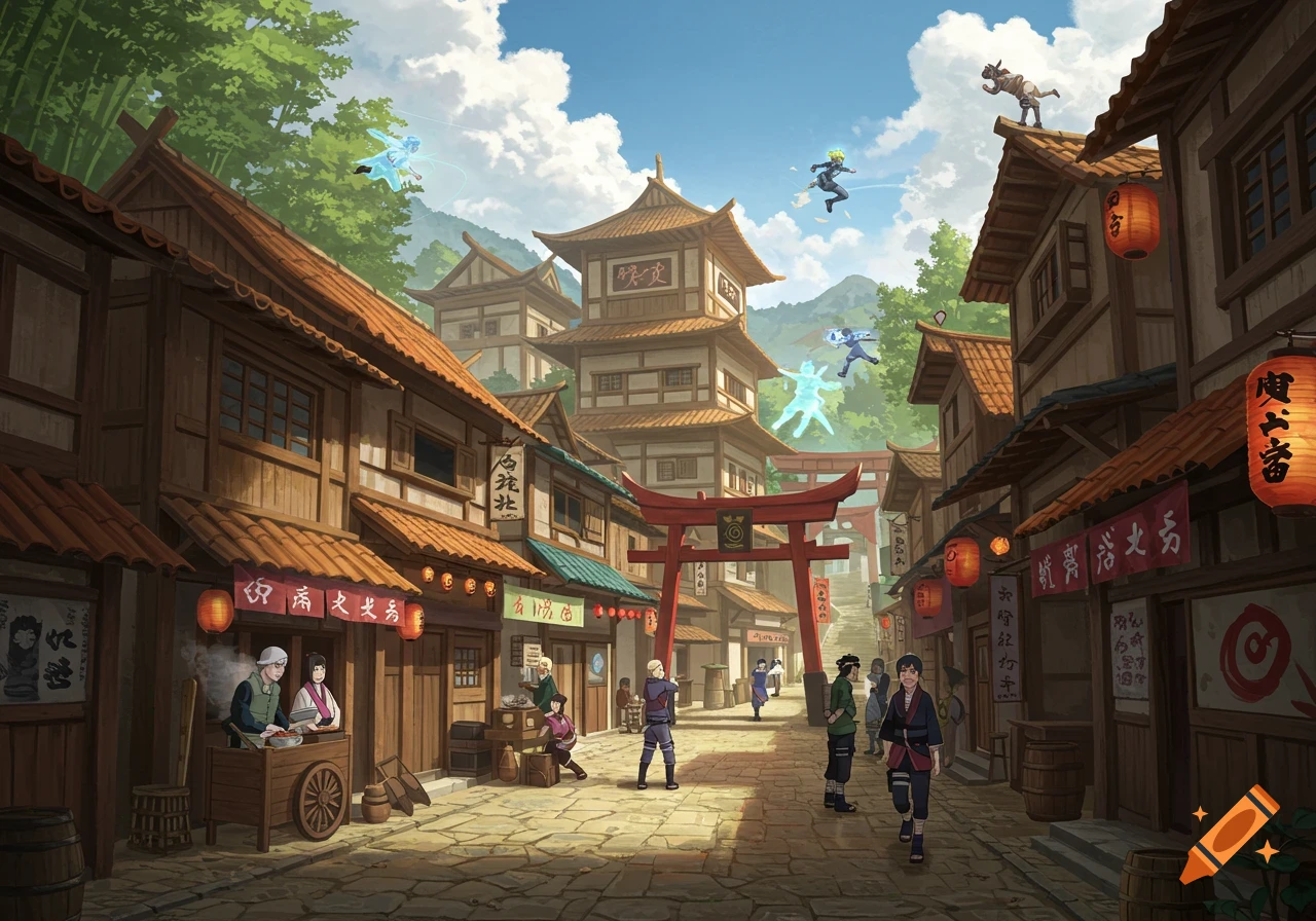 An anime-style ninja village with traditional wooden buildings and red torii gates. Several characters, including glowing blue figures, are leaping through the air above the rooftops, while others walk below on the cobblestone street.