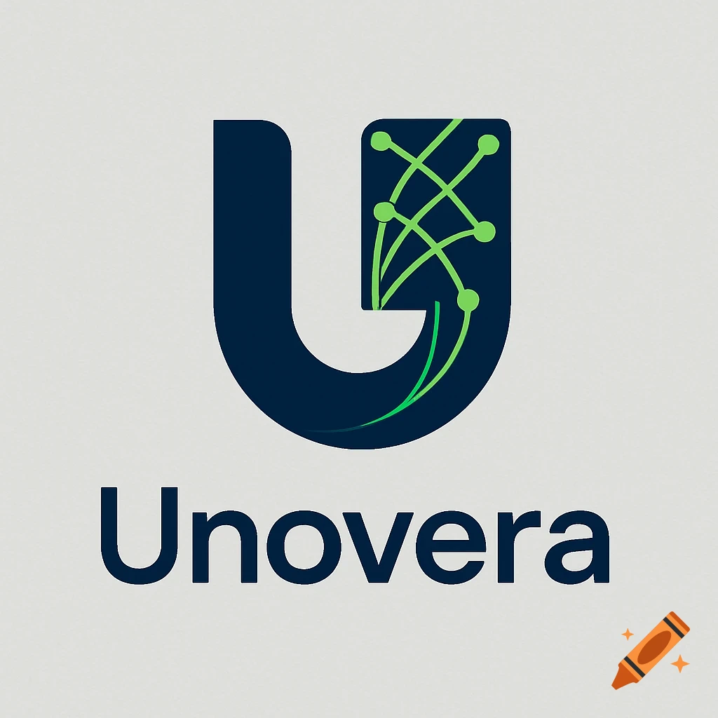 A modern logo featuring a dark blue stylized letter 'U' with green lines and dots inside, resembling a network, above the word 'Unovera' in dark blue.