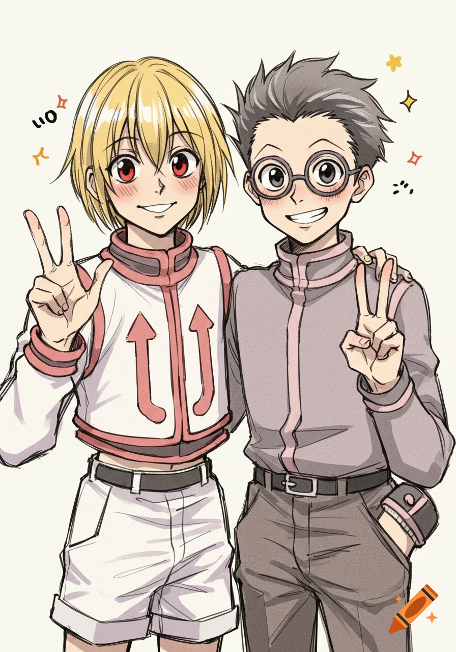 Kurapika and Leorio from Hunter x Hunter smiling and making peace signs in a sketch anime style.