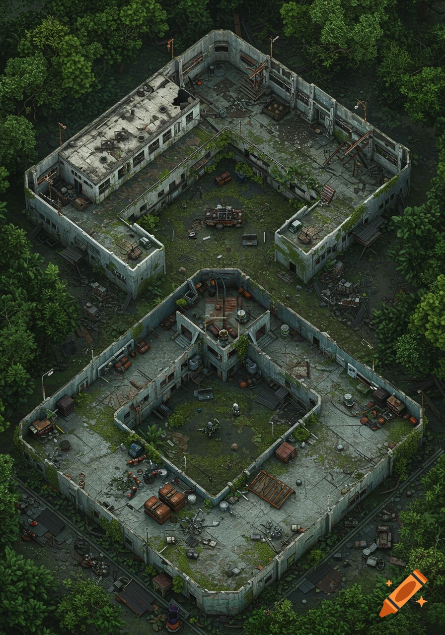 Isometric top-down view of an abandoned, moss-covered modern military facility overgrown with lush forest.