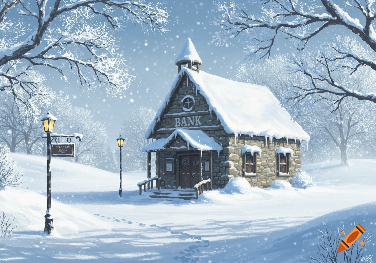 A picturesque snow-covered stone bank building with a pointed roof, surrounded by snowy trees and lampposts, with snow falling.