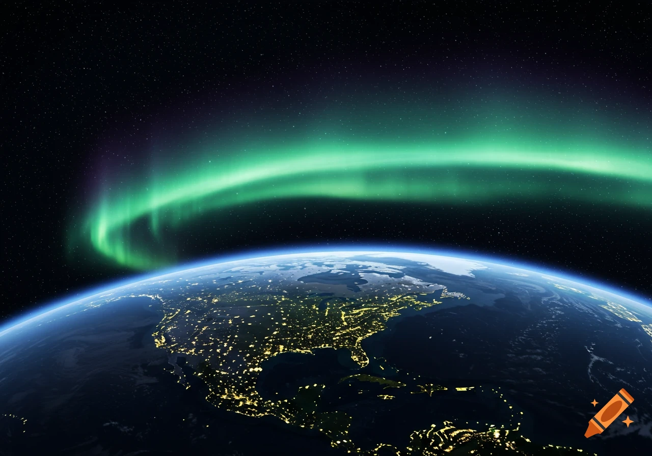 Photorealistic night view of North America from space, illuminated by city lights, with a vibrant green aurora borealis across the sky.