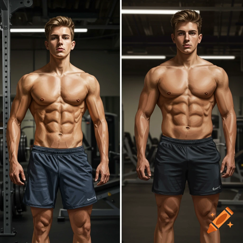 A fit, muscular man with visible abs in two poses inside a gym, wearing black shorts.