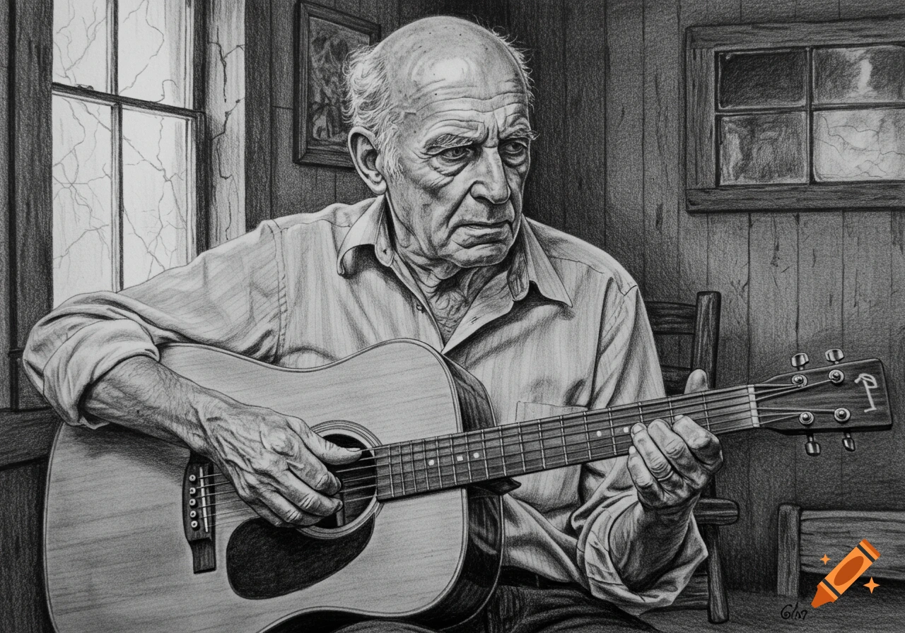 Pencil drawing of an elderly man with a bald head playing an acoustic guitar in a rustic room.