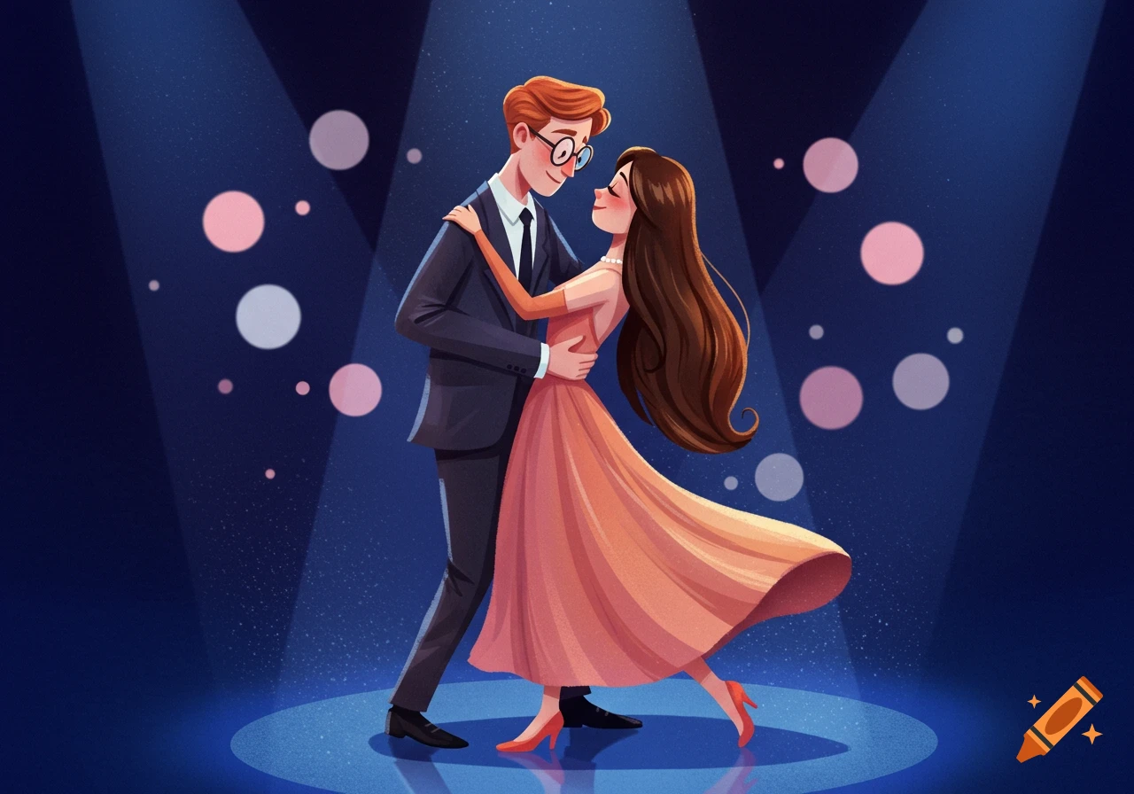 A cartoon man with red hair and glasses slow dancing with a long-haired brunette woman under spotlights.