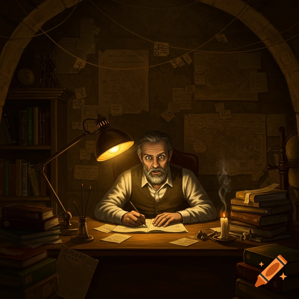 A bearded man with a shocked expression sits at a dimly lit desk, writing in a book surrounded by maps, notes, and old books.