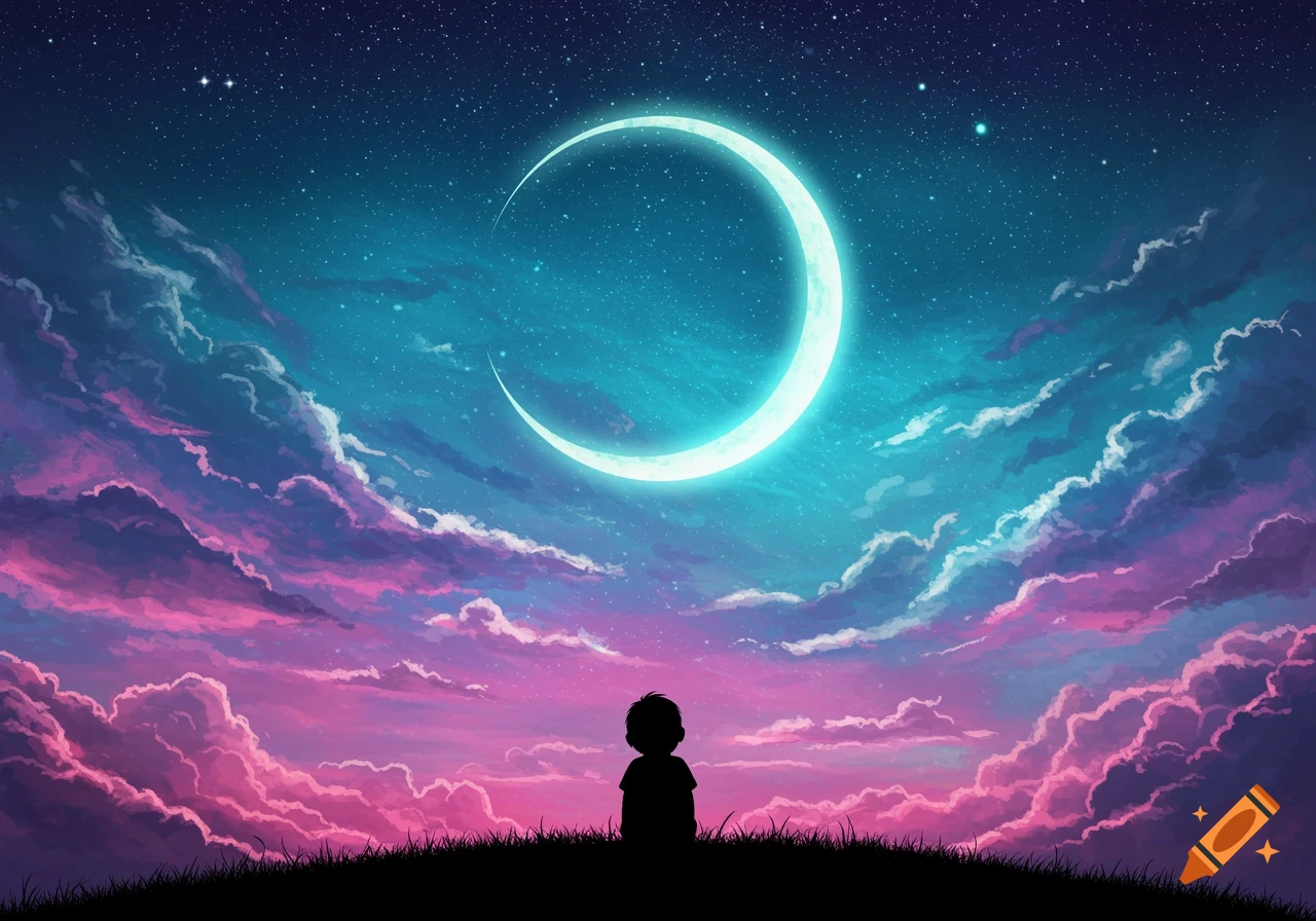 A child's silhouette on a hill gazes at a bright crescent moon against a colorful pink and blue starry night sky, in an illustrative style.