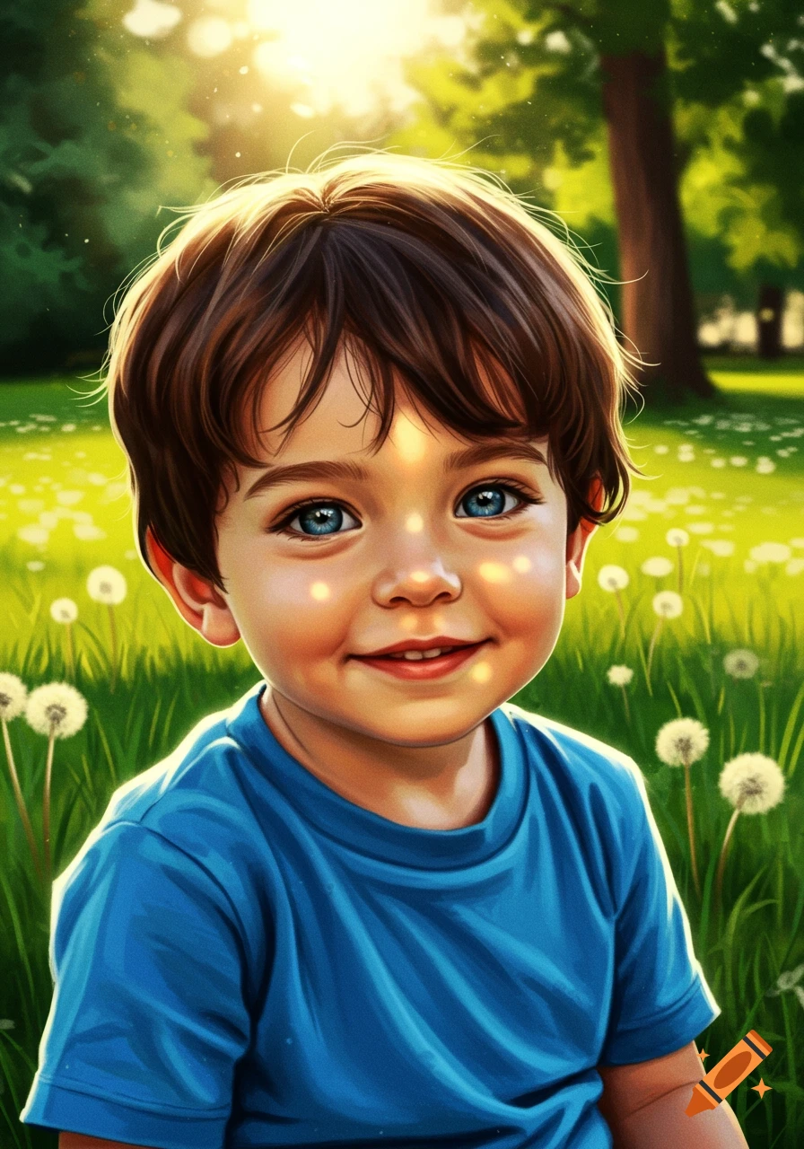 Digital illustration of a smiling young boy with brown hair and blue eyes in a sunny green field.
