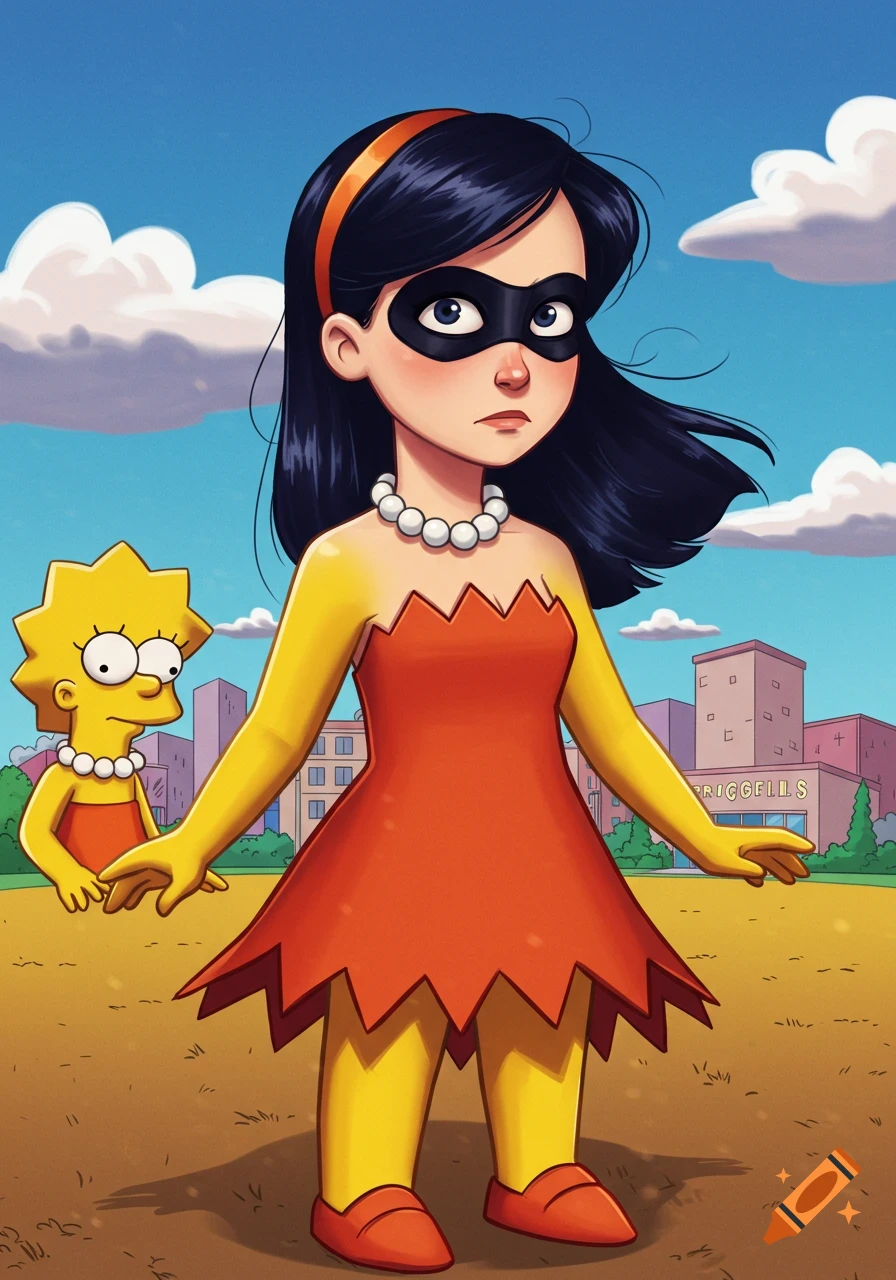 Violet from The Incredibles wearing Lisa Simpson's outfit, with Lisa Simpson in the background, in a cartoon style.
