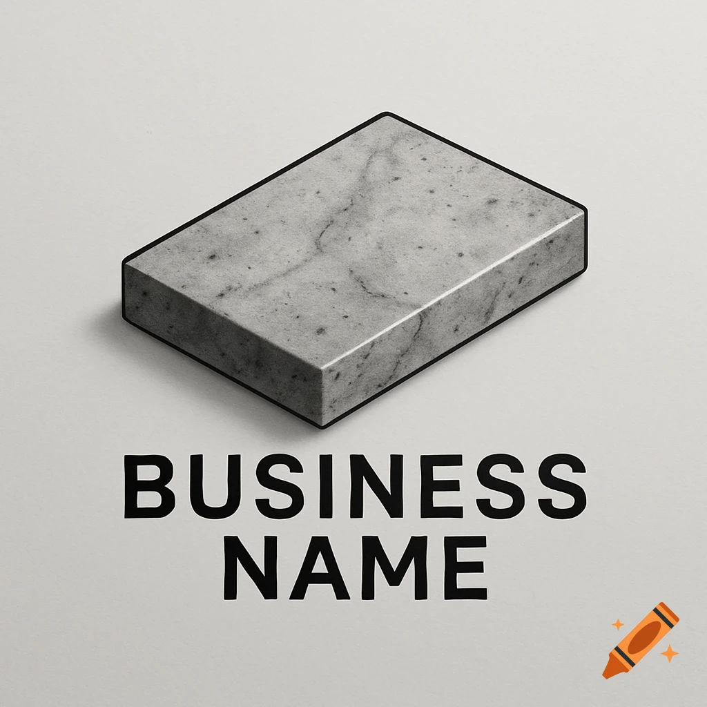 A minimalist logo featuring a gray concrete-textured rectangular block with black text "BUSINESS NAME" below it.