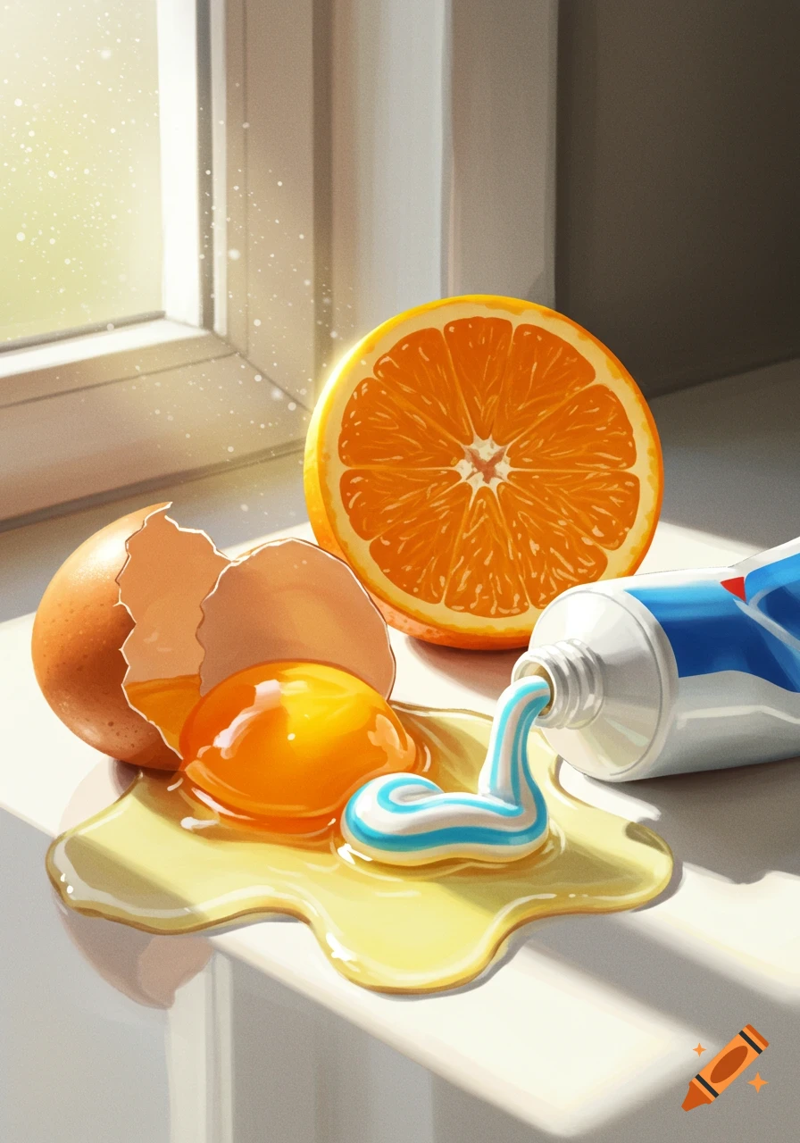 A cracked egg with yolk spilling, a sliced orange, and toothpaste squeezed from a tube onto the yolk, all on a sunlit windowsill.