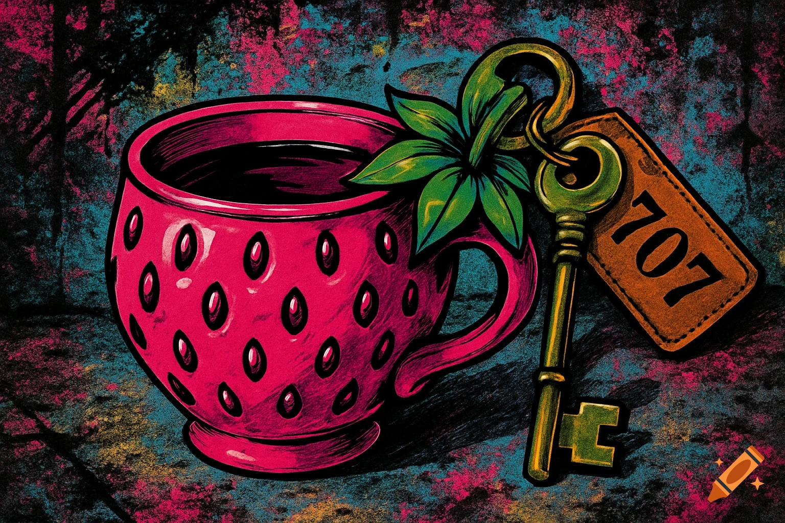 A stylized pink strawberry teacup with a brass key and a '707' tag on a grunge background.