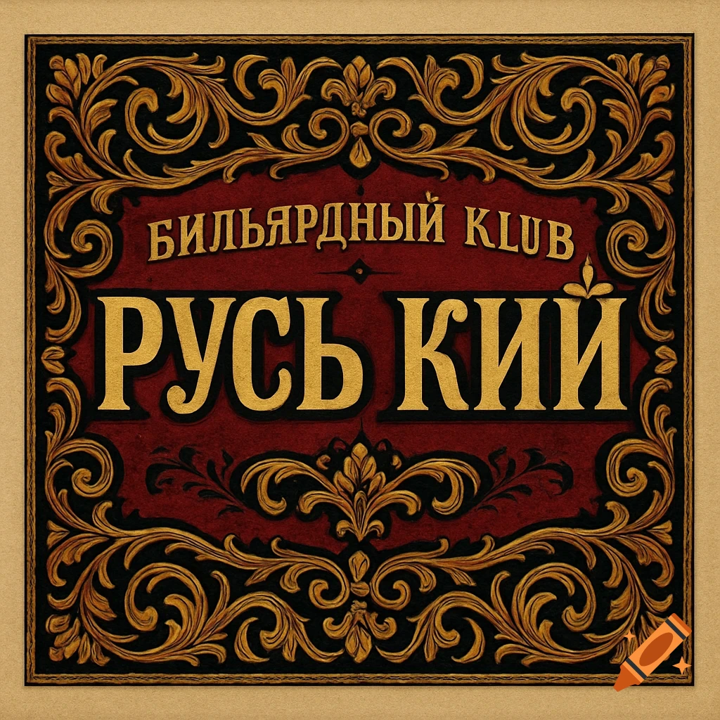 A vintage rectangular sign with a dark red background, ornate gold and black borders, and gold text in Russian that reads 'Billiard Club Rus Kiy'.