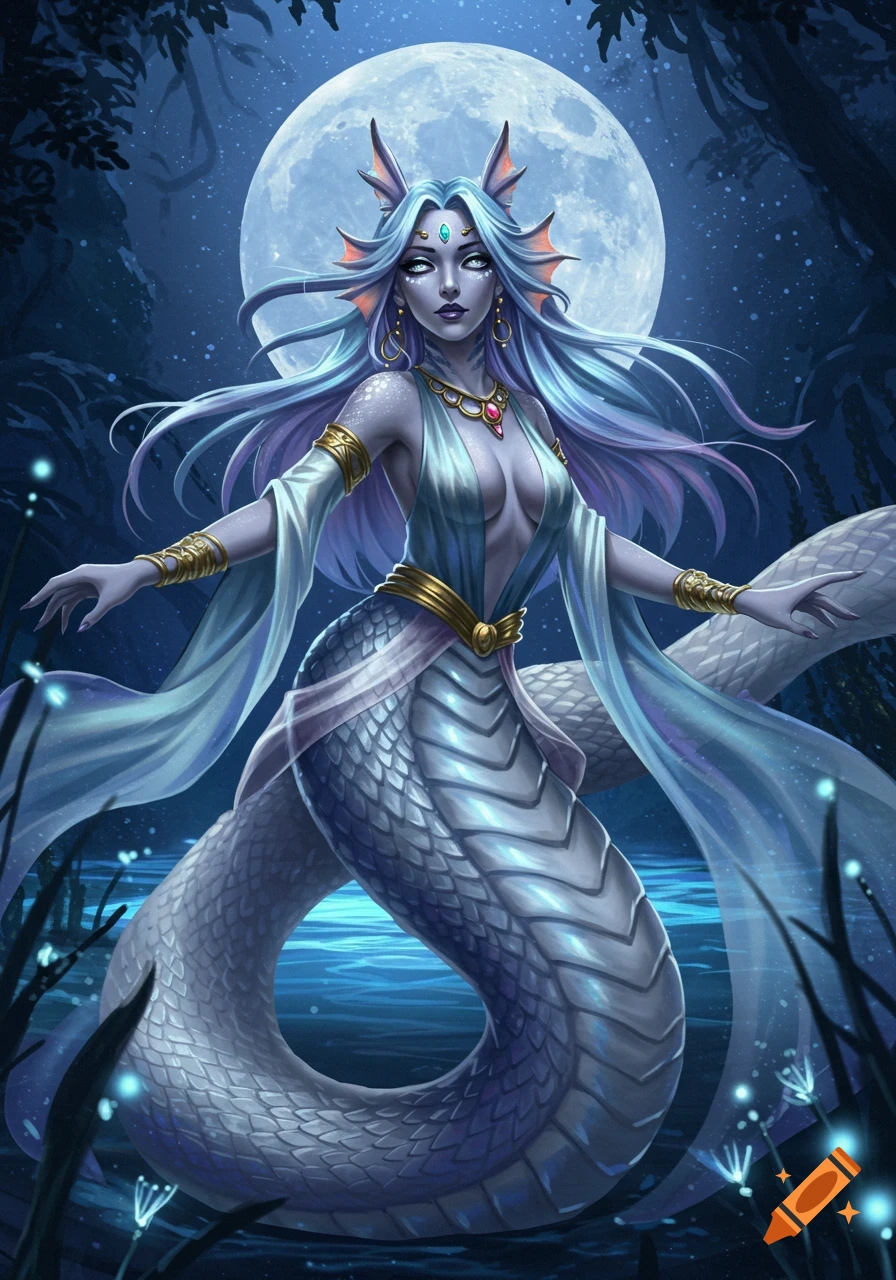 Fantasy illustration of a blue-haired naga woman with a snake tail and flowing robes, standing in a moonlit forest with water.