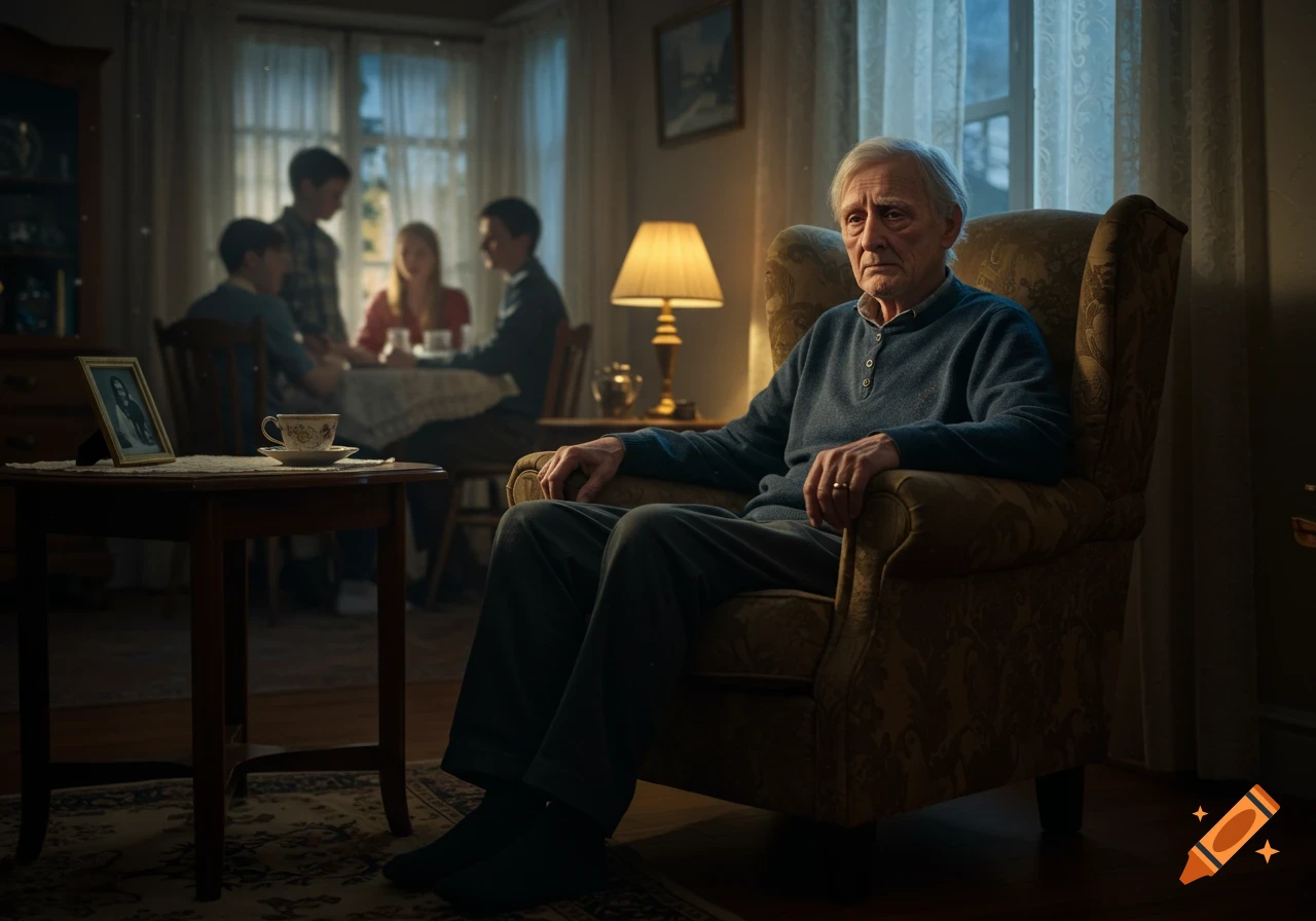 An old man with white hair sits sadly in an armchair in a dimly lit room, while younger people chat blurred in the background.