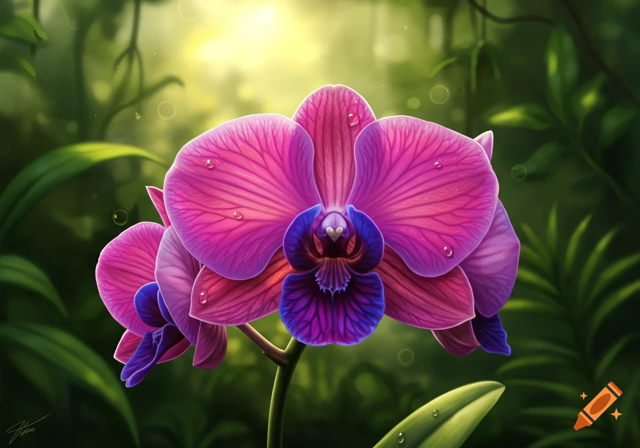 A vibrant pink and purple orchid with water droplets stands prominently against a lush, sunlit green jungle background.