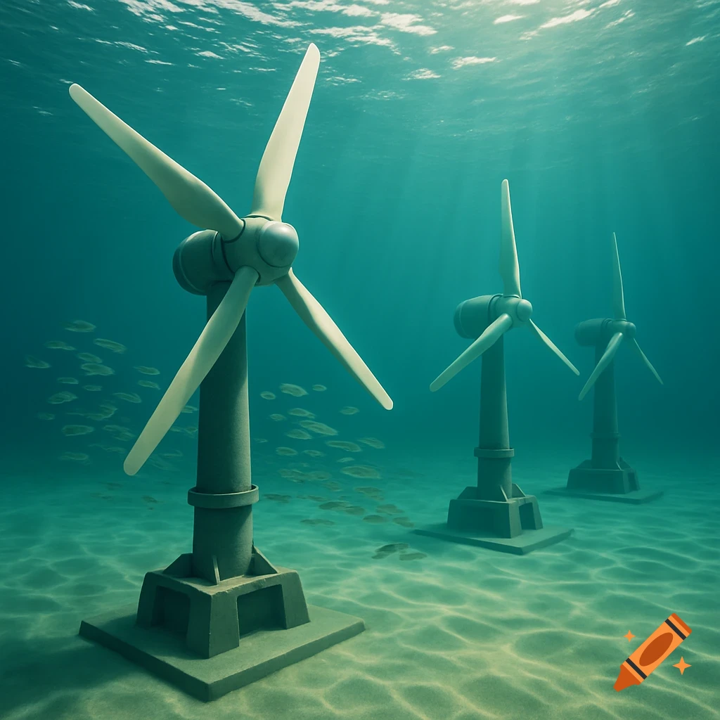 Three large underwater turbines with white blades stand on the sandy ocean floor as schools of fish swim nearby, with light rays piercing the blue water from the surface.