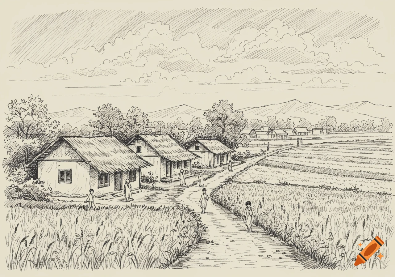 A detailed hand-drawn sketch of a rural village with thatched-roof houses, vast fields, and people walking on a dirt road.