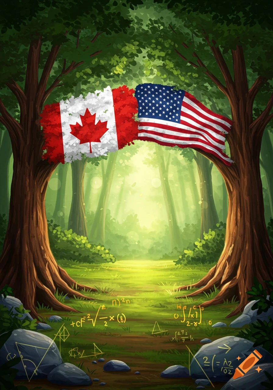Canadian and American flags as foliage, hanging between trees in a forest with glowing light and mathematical equations on the ground.