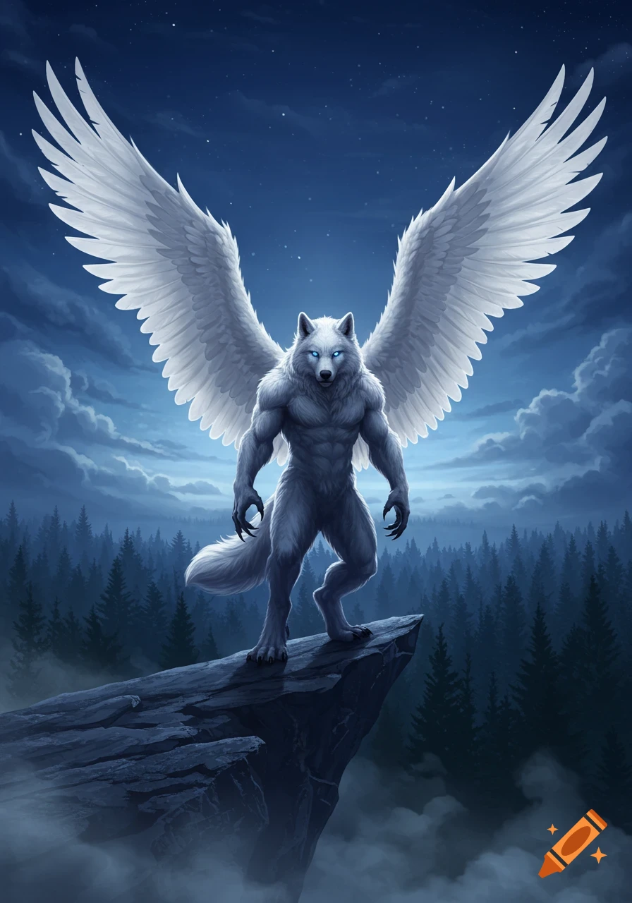 A muscular white werewolf with large white eagle wings stands on a rocky cliff overlooking a dark pine forest under a starry night sky.