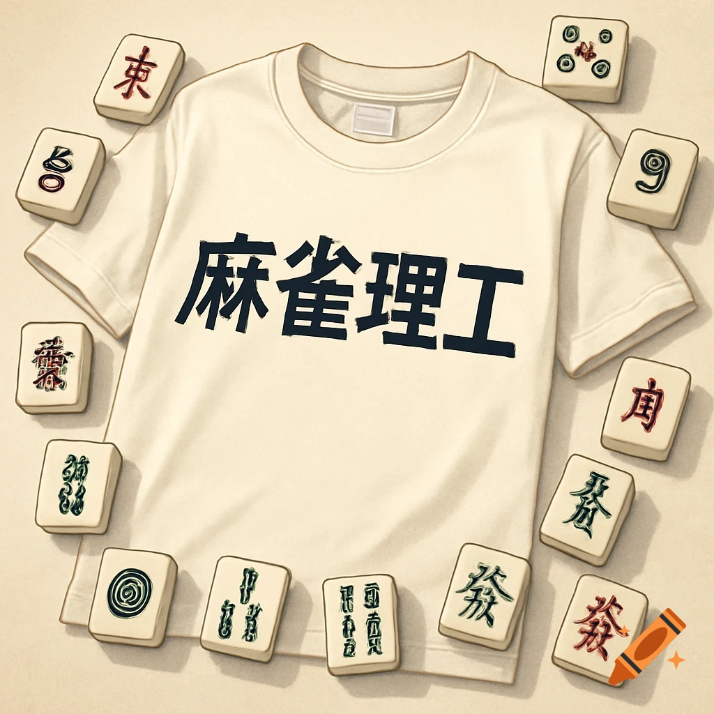 A white t-shirt with Chinese characters '麻雀理工' printed on it, surrounded by mahjong tiles.
