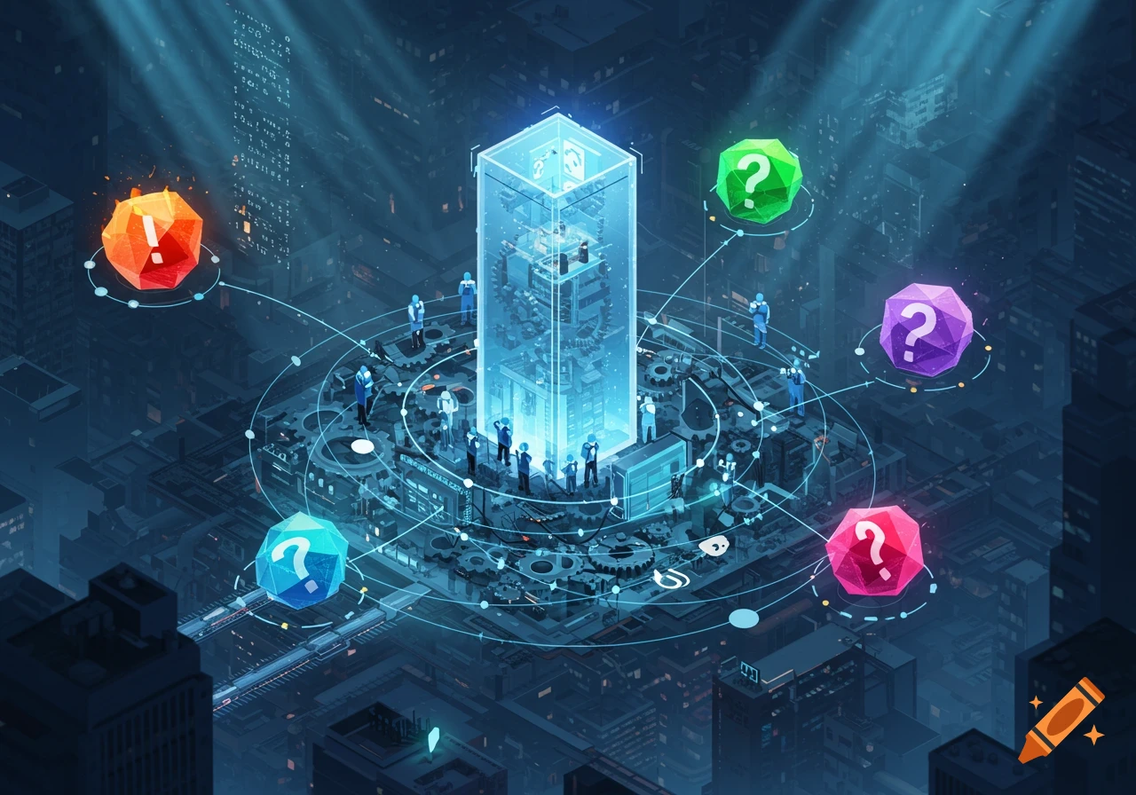 An isometric illustration of a futuristic cityscape with a central data tower surrounded by tiny figures and floating polygonal symbols representing problems and questions.