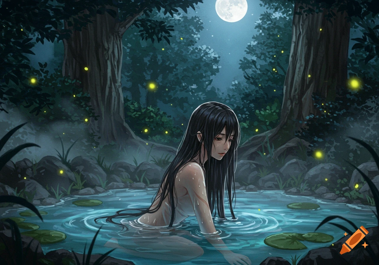 Anime-style illustration of a long-haired woman bathing in a moonlit forest spring with fireflies and lily pads.