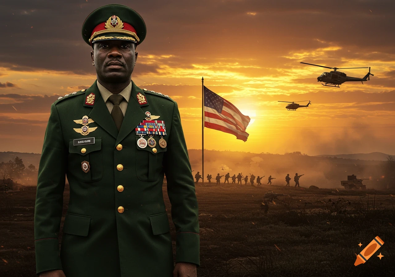 Photorealistic image of a military general in a green uniform, with an American flag and a battlefield with soldiers and helicopters at sunset behind him.