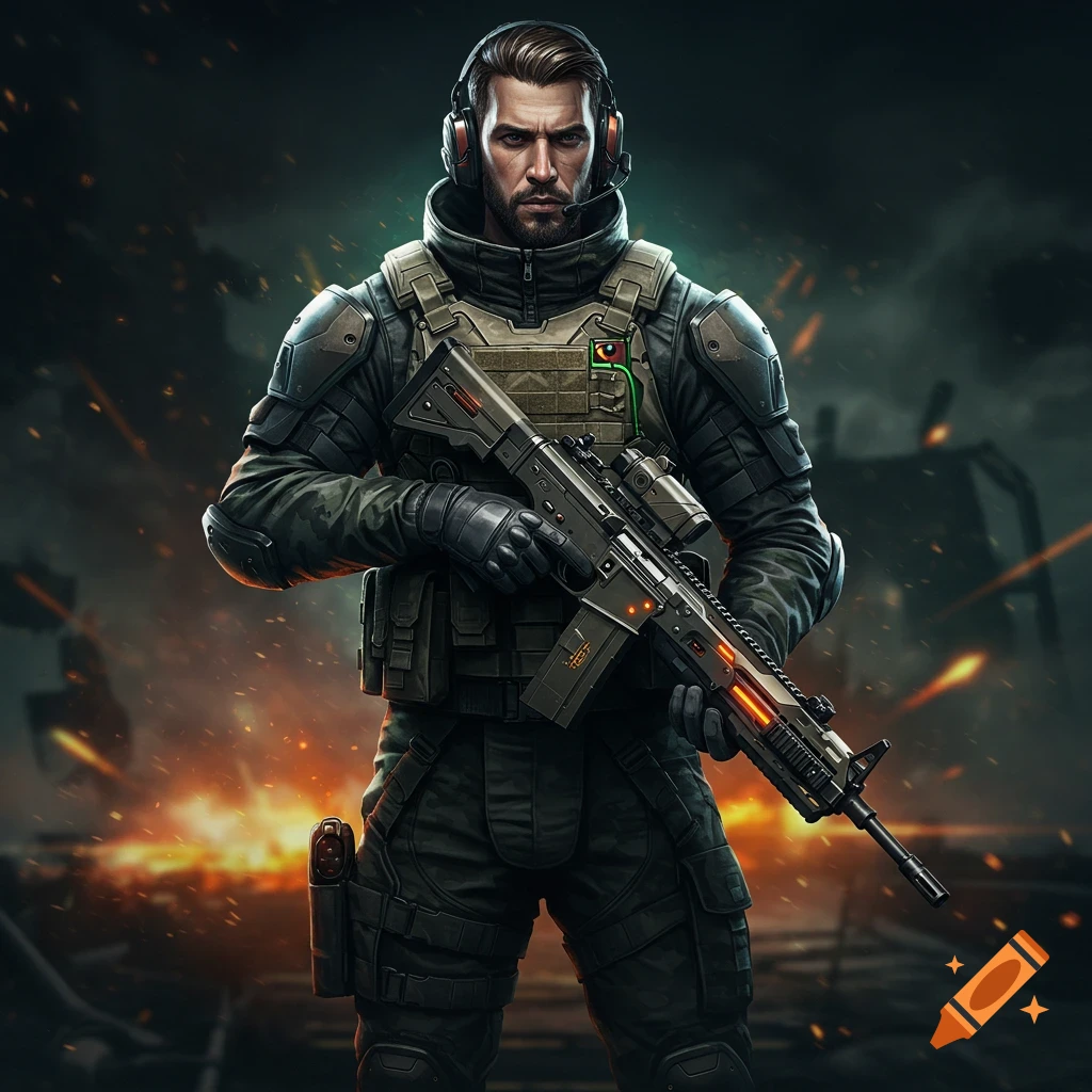 A digital art profile picture of a fierce soldier in tactical gear and a headset, holding a futuristic assault rifle against a dark, fiery battlefield.