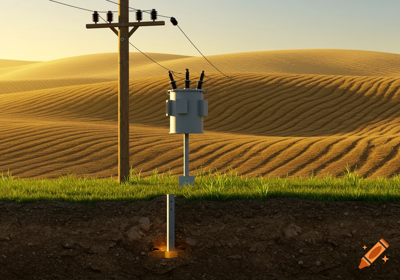 A cutaway view shows an earthing electrode next to a pole-mounted transformer in a field with undulating terrain under a sunset sky.