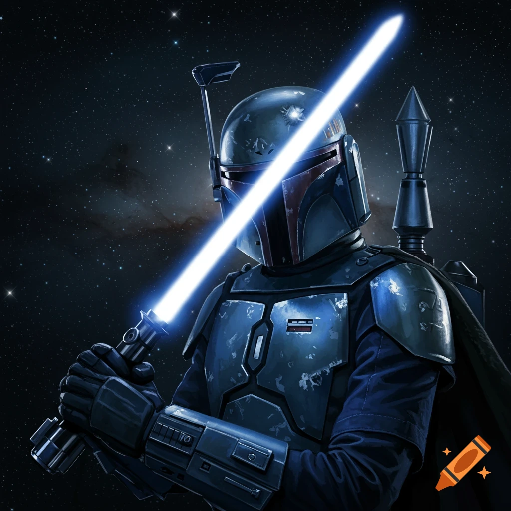 A stylized portrait of a character resembling Jango Fett in blue armor, holding a bright blue lightsaber against a starry night sky.