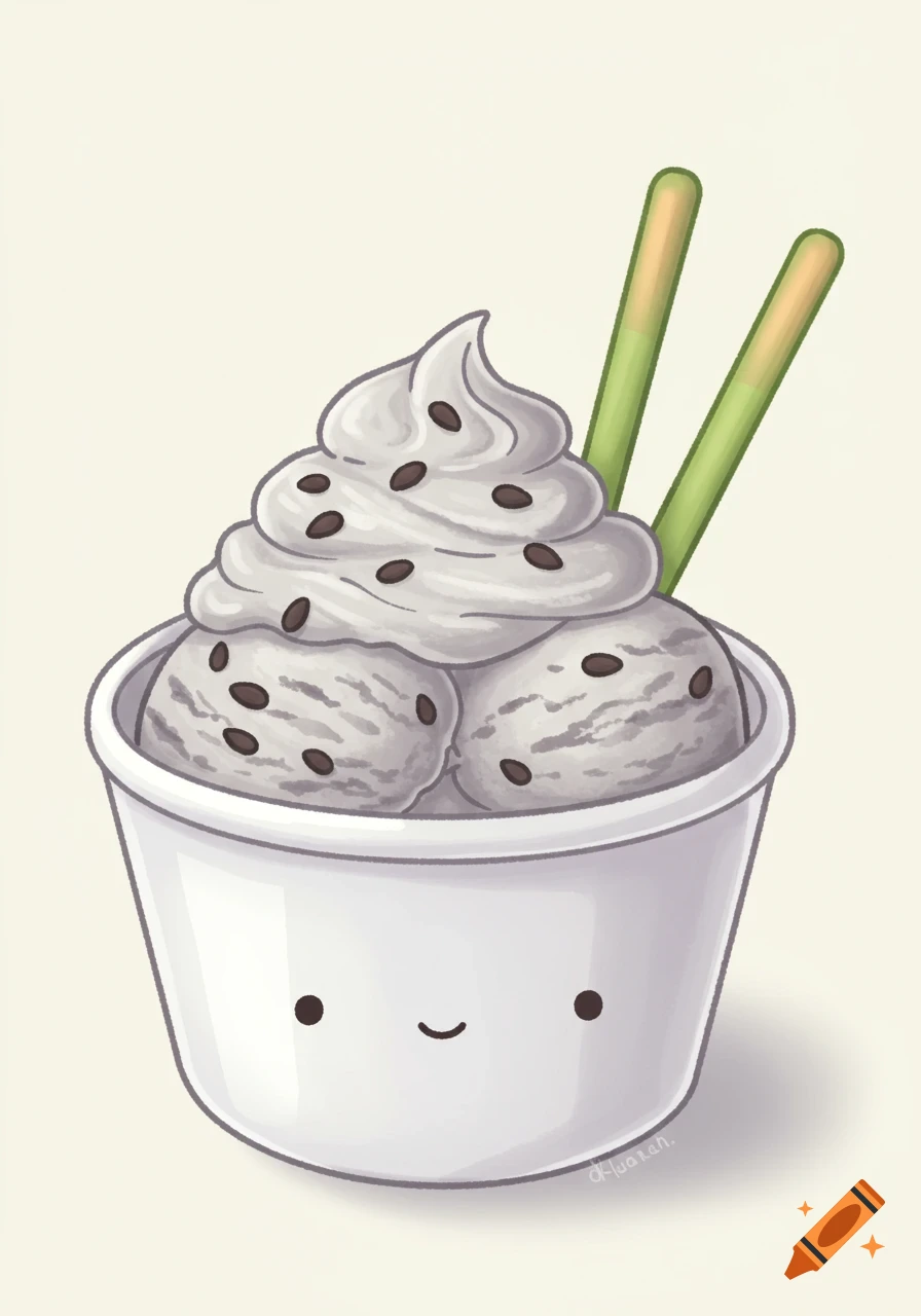 Cartoon drawing of black sesame ice cream with whipped cream and two matcha Pocky sticks in a cute smiling white bowl.