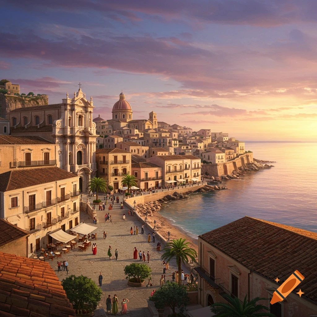 A picturesque coastal town with historic buildings and a church overlooking the sea at sunset, with people in a plaza.