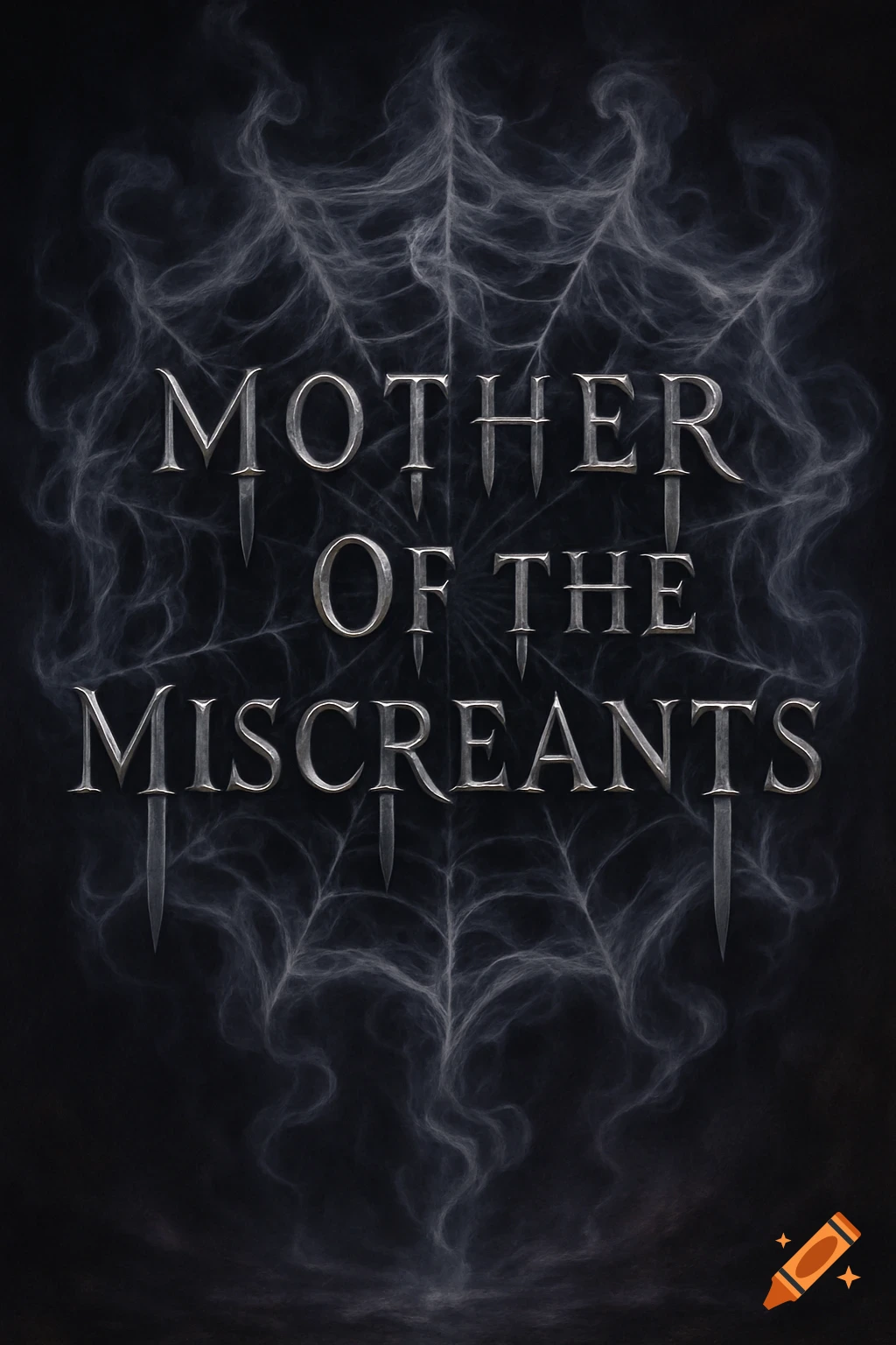 Gothic text 'MOTHER OF THE MISCREANTS' formed by daggers against a smoky spiderweb on a dark background.
