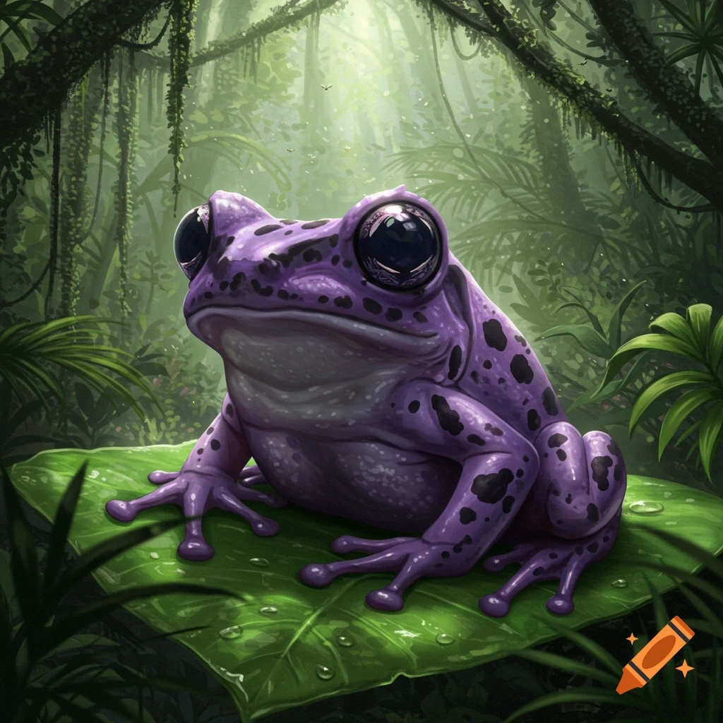 A purple frog with black spots and large eyes sits on a green leaf in a lush, sunlit jungle.