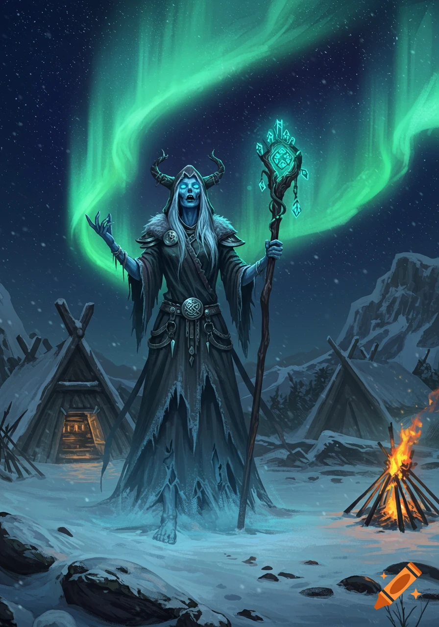 A pale zombie goddess with horns and a glowing staff stands in a snowy Norse village under the aurora borealis.