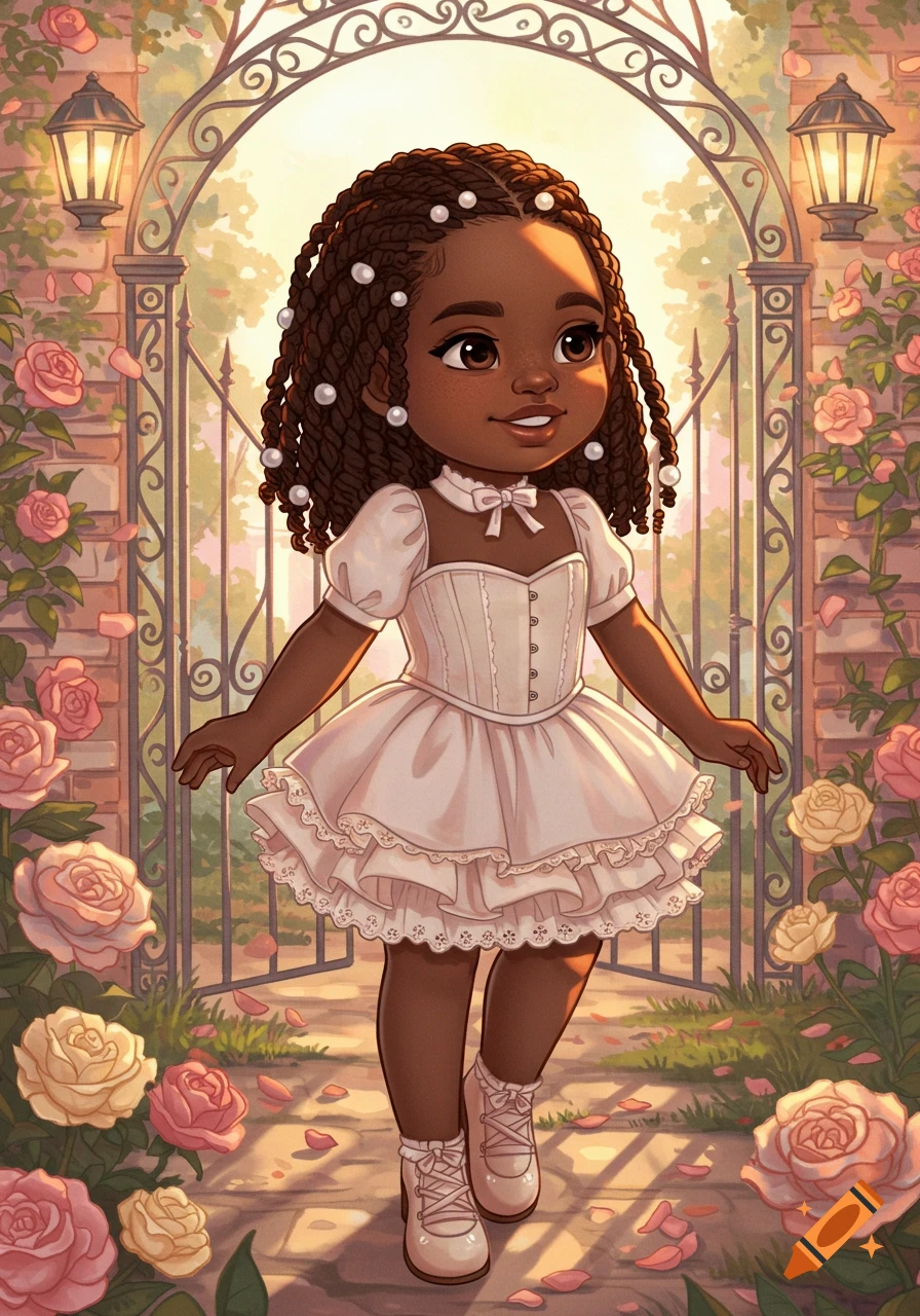 A cute black girl with braided hair and pearls, wearing a white coquette dress, stands in a rose garden with a gate, in a stylized illustration.