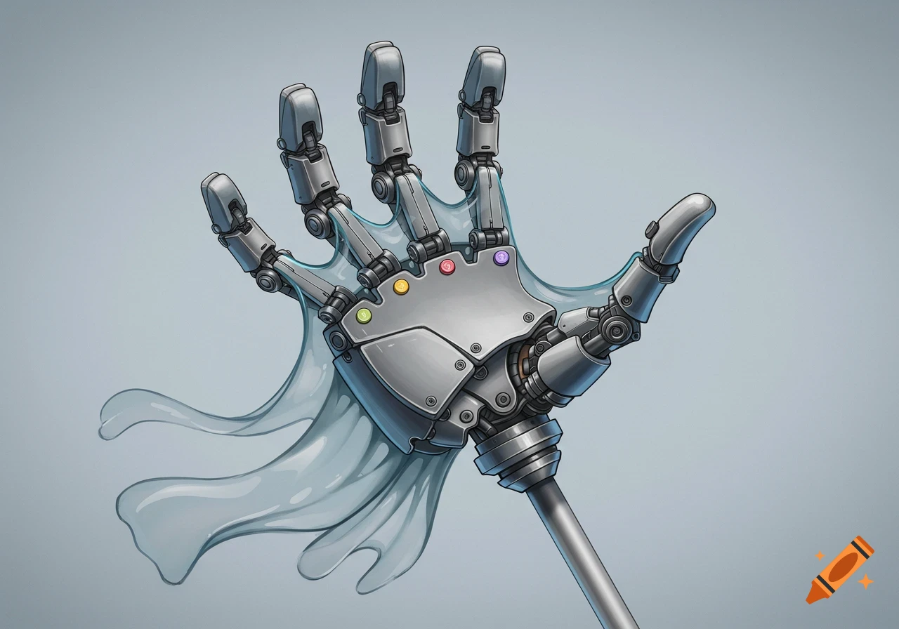 An illustration of a silver robotic hand with multicolored buttons on its palm and translucent, wavy, stretchy material wrapped around its fingers.